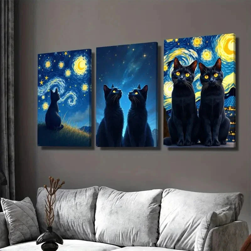 3pcs Starry Night Black Cats Yellow Swirls Wall Art Set Canvas Framed 40x60cm - High Quality Print 100% Australian Made Wall Canvas Ready to Hang