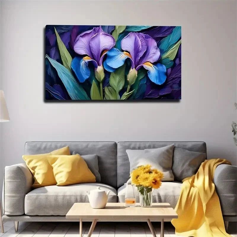 Vibrant Iris Floral Design Wall Art Canvas Office Home Room Framed 120x60cm