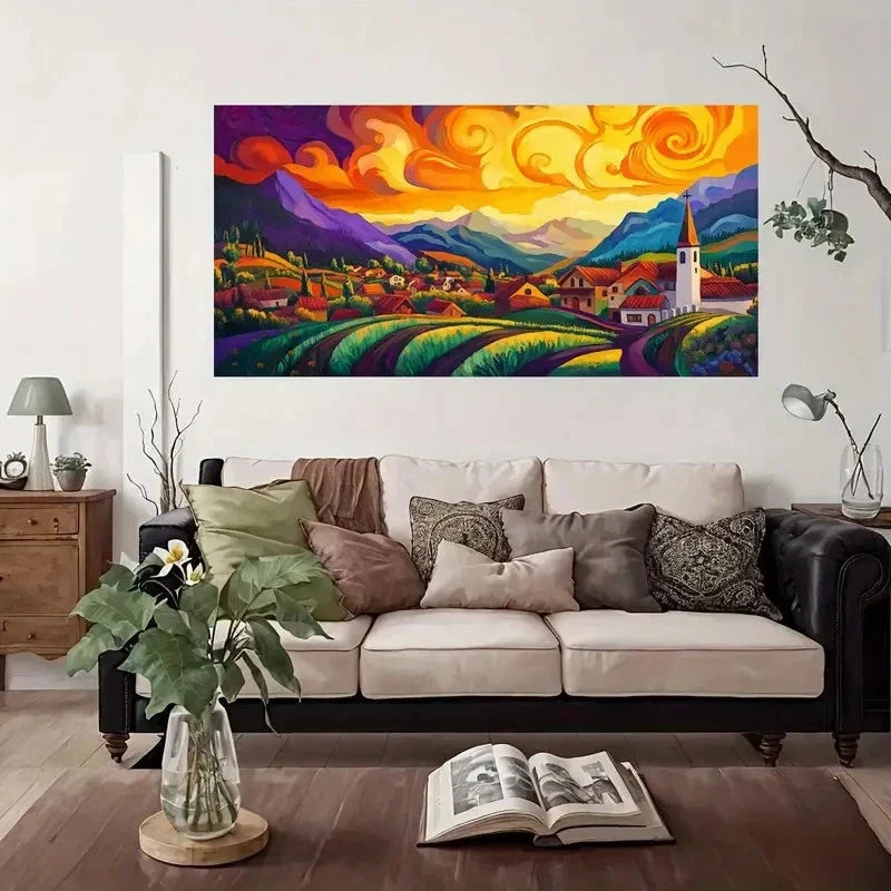 Vibrant Village Landscape Wall Art Canvas Office Home Room Framed 120x60cm