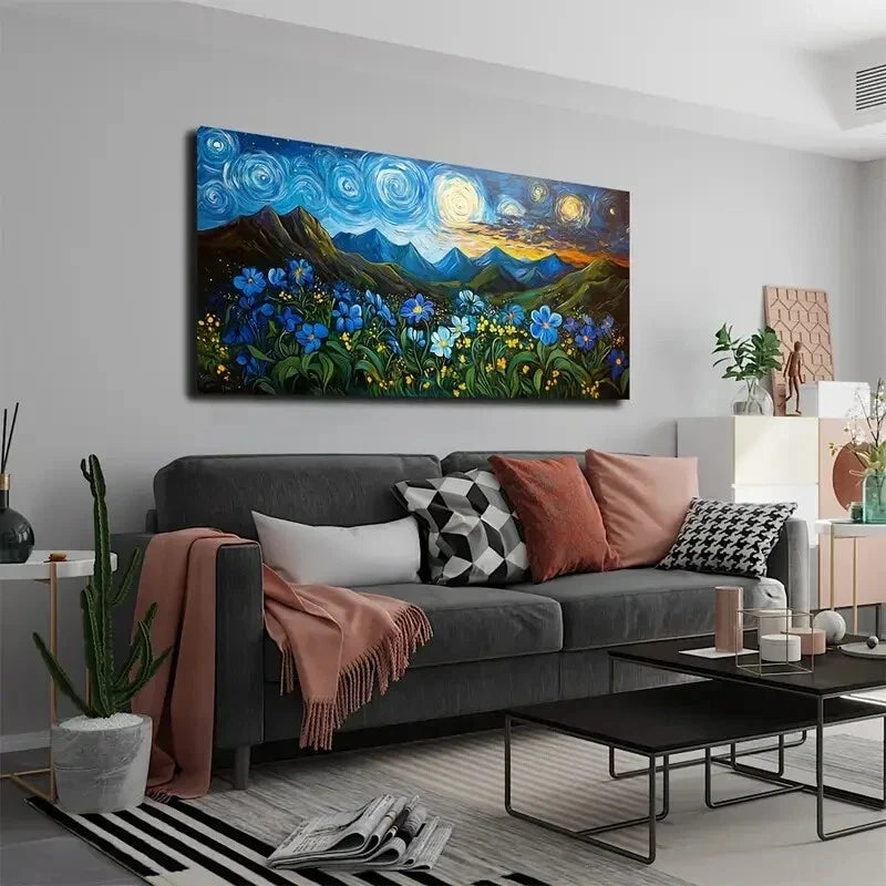 Swirling Blue and Yellow Nebula Wall Art Canvas Office Home Room Framed 120x60cm