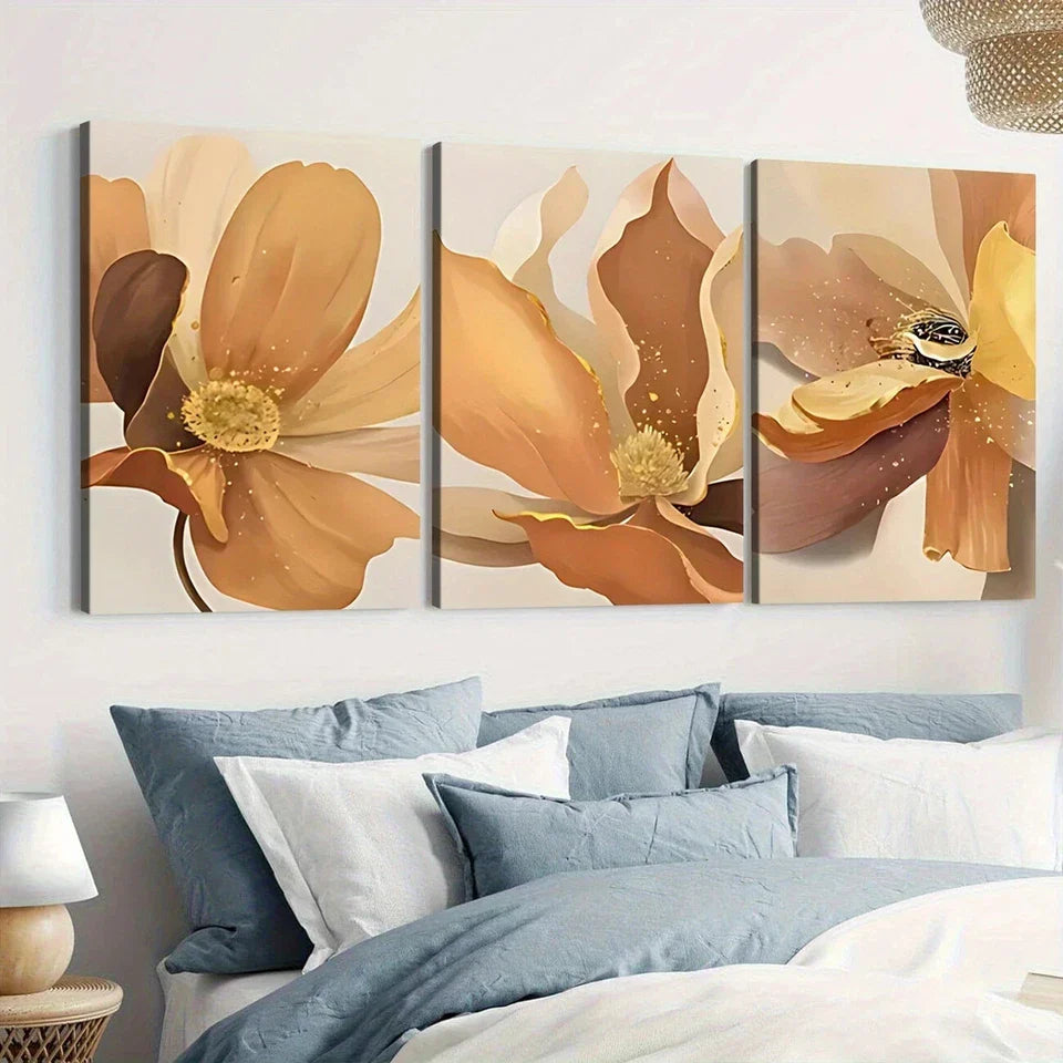 3pcs Abstract Art Floral Elegant Yellow & Gold Wall Art Set Canvas Framed 40x60cm - High Quality Print 100% Australian Made Wall Canvas Ready to Hang
