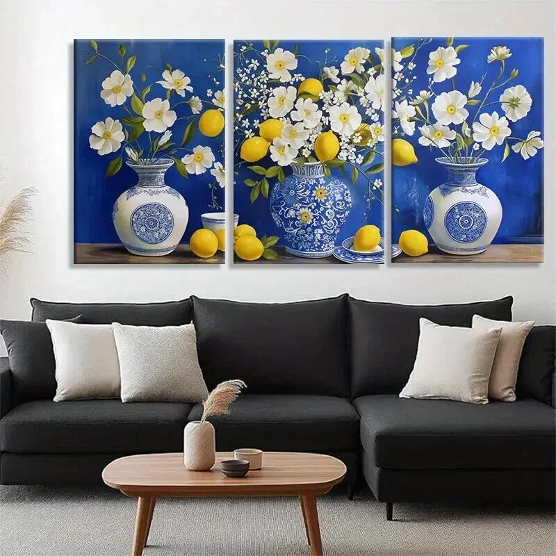 3pcs Blue and White Porcelain Bright Perfect Wall Art Set Canvas Framed 40x60cm - High Quality Print 100% Australian Made Wall Canvas Ready to Hang