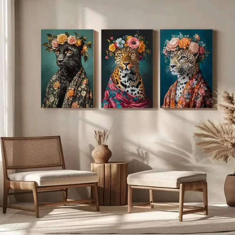 3pcs Maximalist Eclectic Fashionista Leopard Metal Print Ready to Hang Art