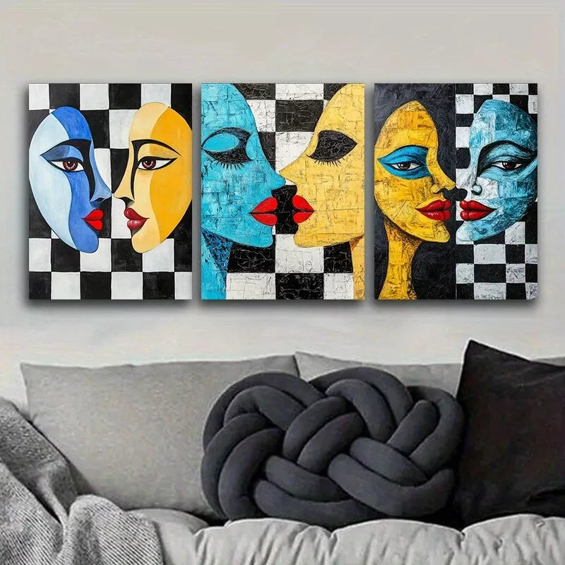 3pcs Two Strange Faces Looking At Each Other Wall Art Set Canvas Framed 40x60cm - High Quality Print 100% Australian Made Wall Canvas Ready to Hang