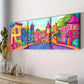 3pcs Cartoon Town Colorful Background Wall Art Set Canvas Framed 40x60cm - High Quality Print 100% Australian Made Wall Canvas Ready to Hang