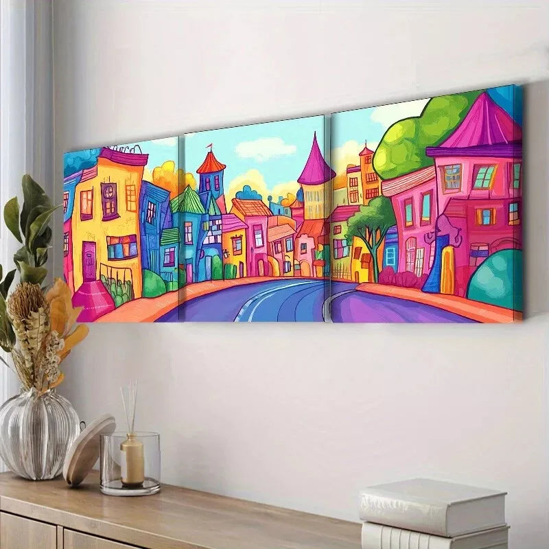 3pcs Cartoon Town Colorful Background Wall Art Set Canvas Framed 40x60cm - High Quality Print 100% Australian Made Wall Canvas Ready to Hang