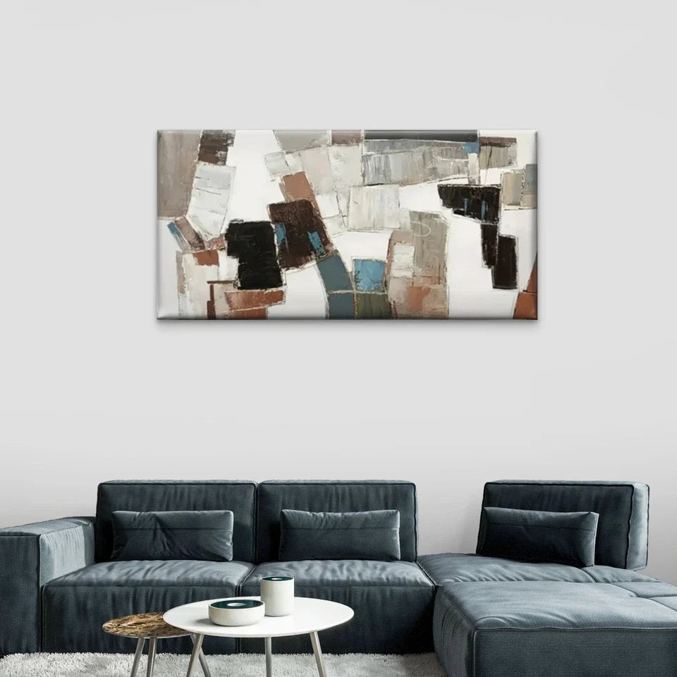 White & Brown Geometric Design Wall Art Canvas Office Home Room Framed 120x60cm