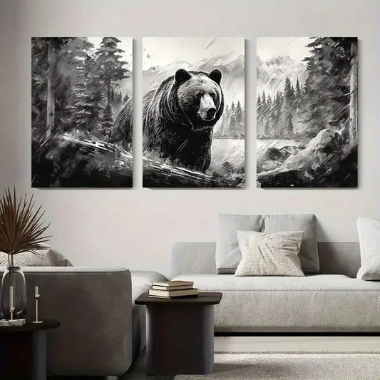 3pcs Black and White Bear Landscape Forest Metal Print Ready to Hang Art