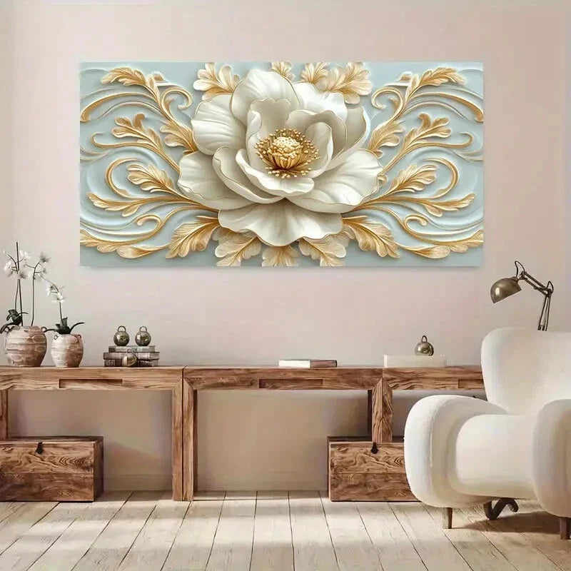 Elegant White Floral and Golden Wall Art Canvas Office Home Room Framed 80x45cm