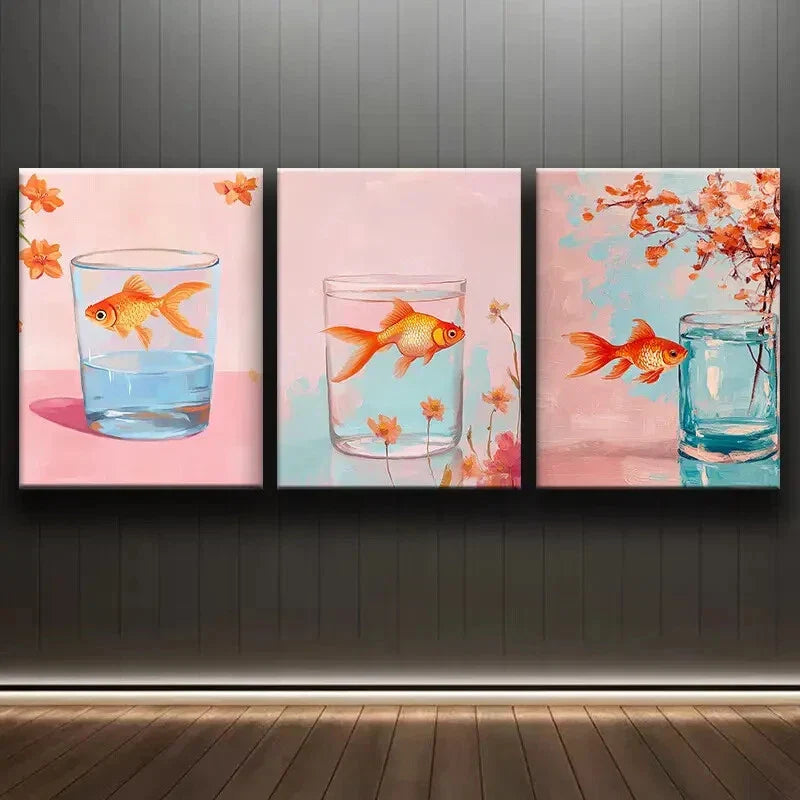 3pcs Colorful Goldfish in Glass Tank Perfect Wall Art Set Canvas Framed 40x60cm - High Quality Print 100% Australian Made Wall Canvas Ready to Hang