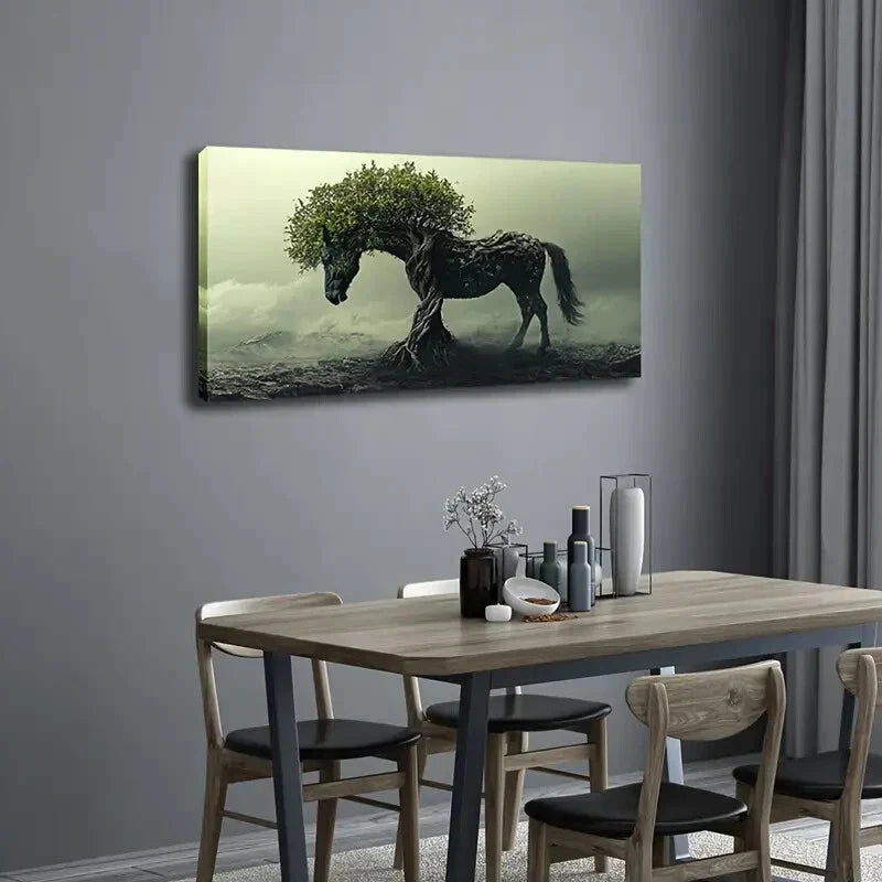 Enchanted Forest Horse Tree Wall Art Canvas Office Home Room Framed 120x60cm