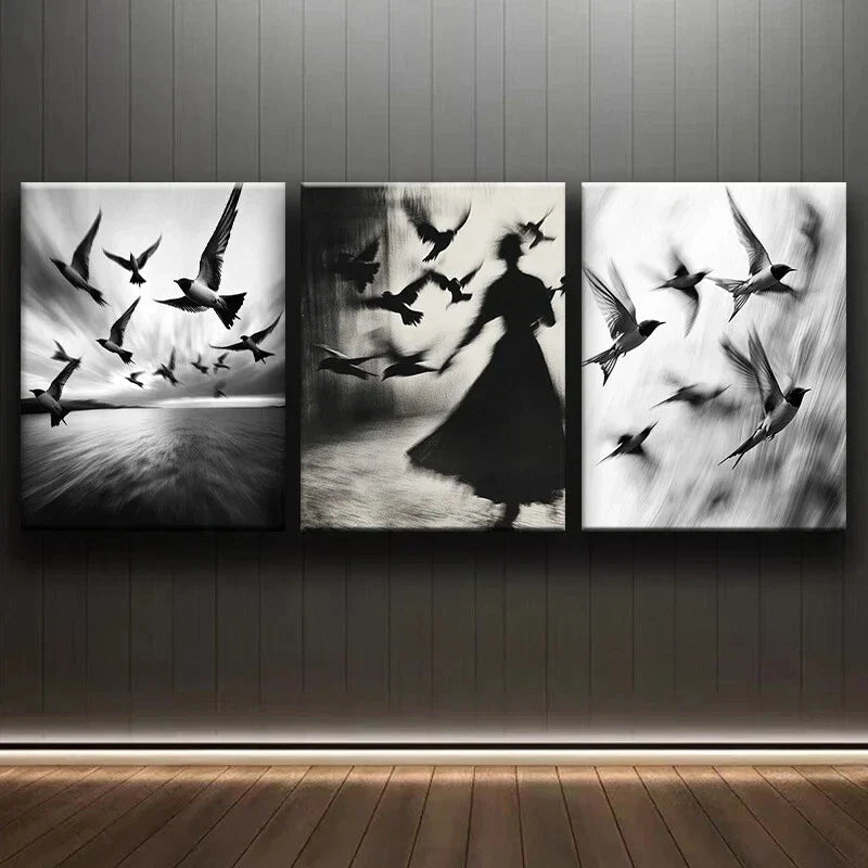 3pcs Black Abstract Girl Flying Bird Metal Print Ready to Hang Art