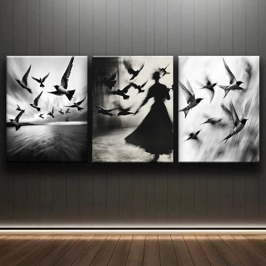 3pcs Black Abstract Girl Flying Bird Metal Print Ready to Hang Art