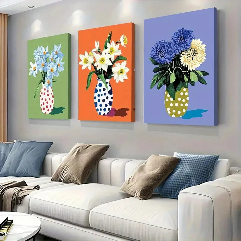 3pcs Polka Dot Vases with Daffodils Perfect Wall Art Set Canvas Framed 40x60cm - High Quality Print 100% Australian Made Wall Canvas Ready to Hang