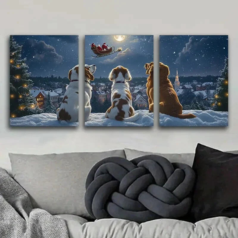 3pcs The dog looks at Santa Claus Metal Print Ready to Hang Art