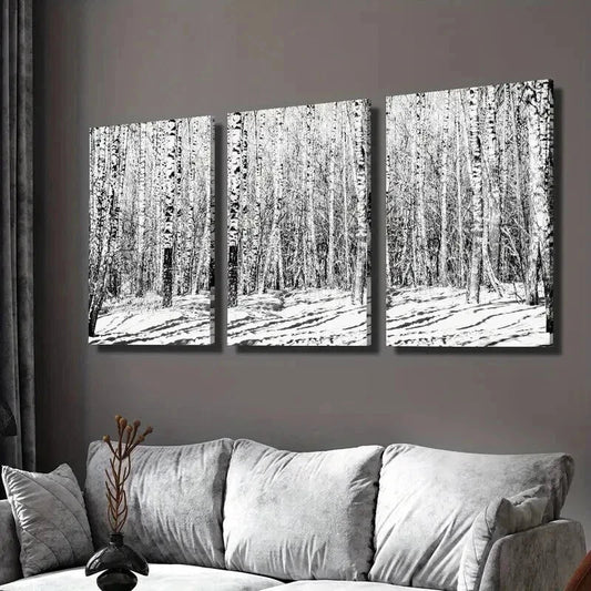 3pcs Black and White Birch Winter Forest Wall Art Set Canvas Framed 40x60cm - High Quality Print 100% Australian Made Wall Canvas Ready to Hang