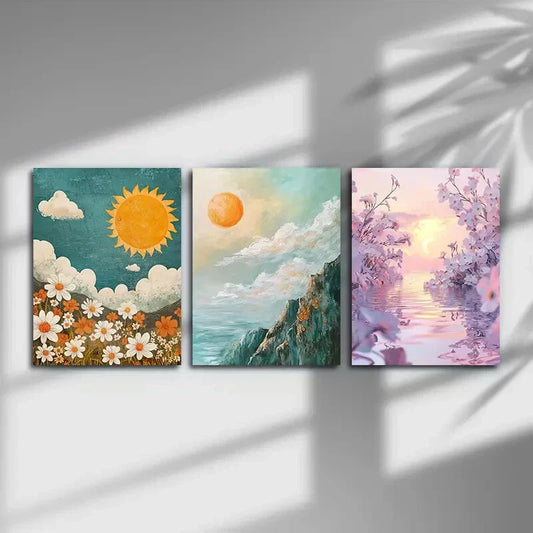 3pcs Sunflower Mountain Floral Twilight Scenery Metal Print Ready to Hang Art
