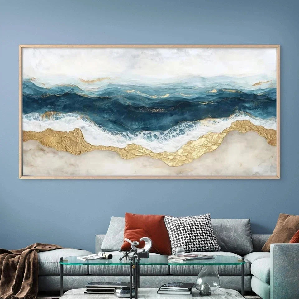 Abstract Ocean Waves Wall Art Canvas Office Home Room Framed 80x45cm