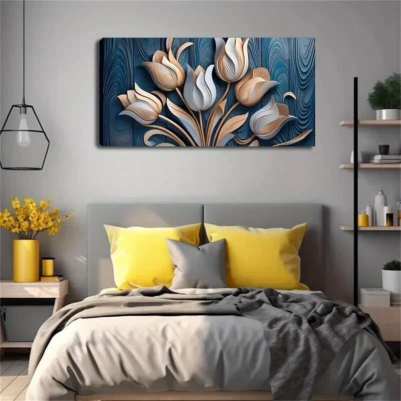 Golden & Light Blue Tulip Wall Art Canvas Office Home Room Framed 120x60cm