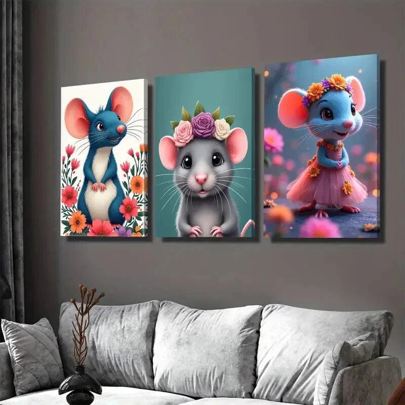 3pcs Charming Mouse Cute Animal Picture Wall Art Set Canvas Framed 40x60cm - High Quality Print 100% Australian Made Wall Canvas Ready to Hang