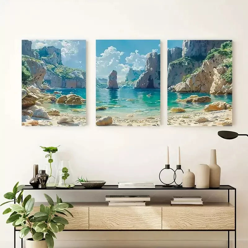 3pcs Serene Beach And Cliff Canvas Framed 40x60cm - High Quality Print 100% Australian Made Wall Canvas Ready to Hang