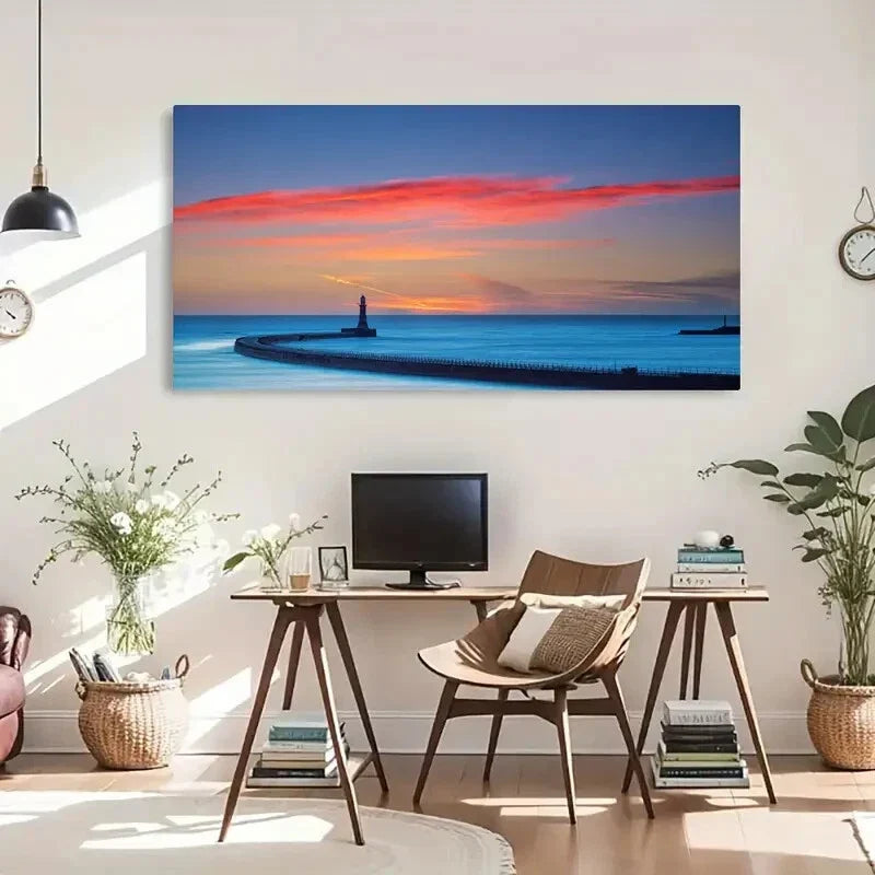 Rustic Seaside Lighthouse Scene Wall Art Canvas Office Home Room Framed 120x60cm