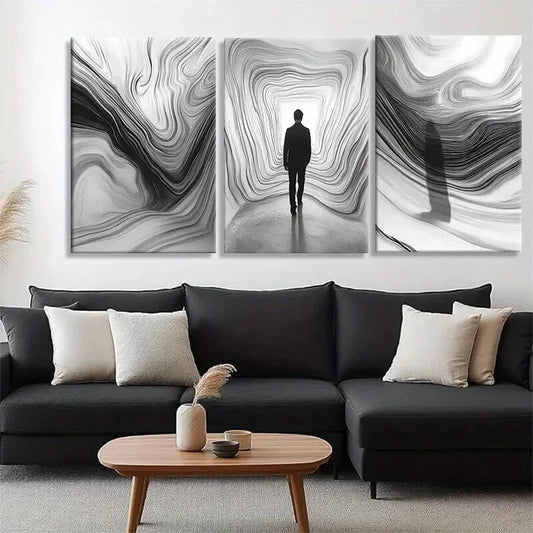 3pcs Solitary Figure Pathway Black White Perfect Wall Art Set Canvas Framed 40x60cm - High Quality Print 100% Australian Made Wall Canvas Ready to Hang