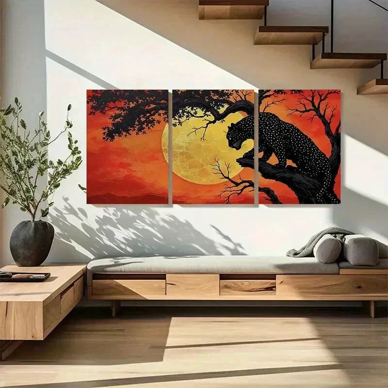 3pcs Black Leopard & Silhouetted Trees in Sunset Wall Art Set Canvas Framed 40x60cm - High Quality Print 100% Australian Made Wall Canvas Ready to Hang