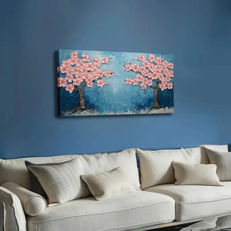 Pink Flowers & Blue Background Wall Art Canvas Office Home Room Framed 120x60cm