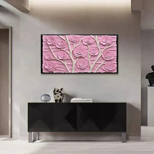 Embossed Pink Roses On Textured Wall Art Canvas Office Home Room Framed 120x60cm