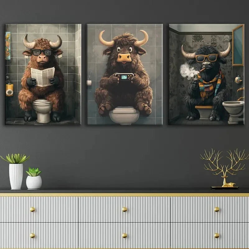 3pcs Highland Cows Smoke Game Grey Blue Golden Wall Art Set Canvas Framed 40x60cm - High Quality Print 100% Australian Made Wall Canvas Ready to Hang