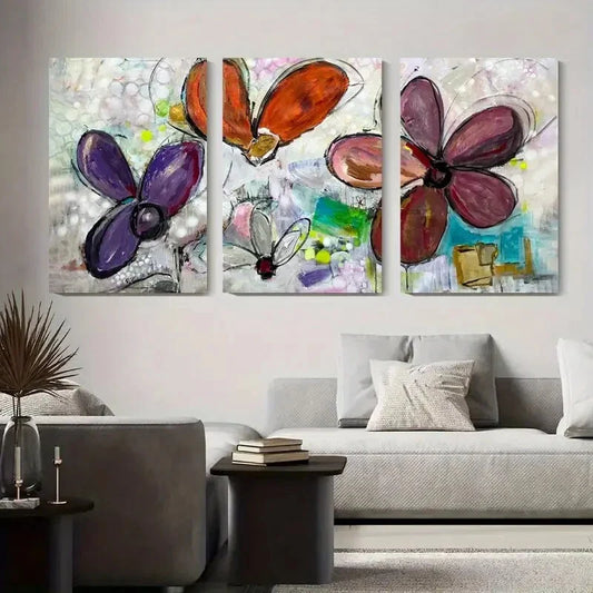 3pcs Colorful Flower Painting with Bold Metal Print Ready to Hang Art