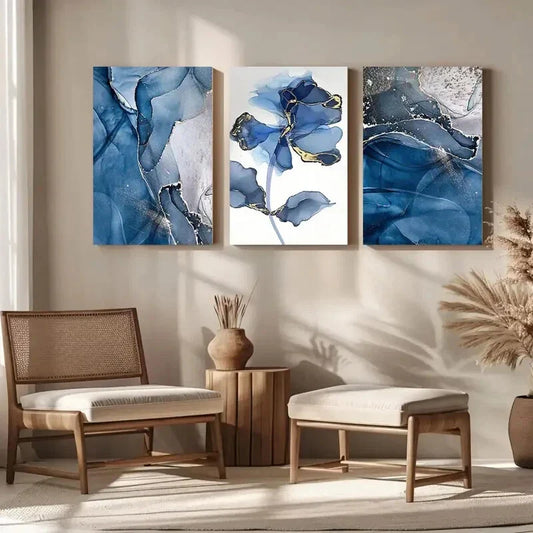 3pcs Abstract Blue Flower Golden Accents Metal Print Ready to Hang Art