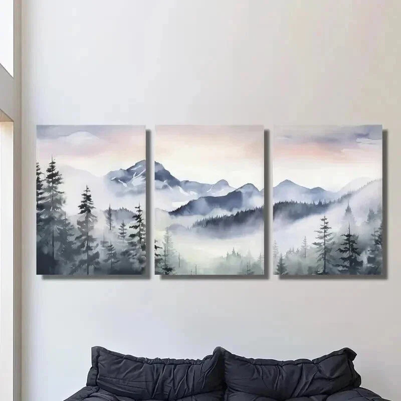 3pcs Blue Snow Mountain Valley Forest Wall Art Set Canvas Framed 40x60cm - High Quality Print 100% Australian Made Wall Canvas Ready to Hang