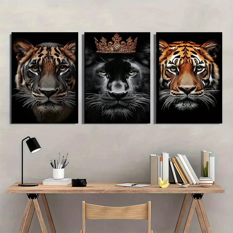 3pcs Majestic Lion & Tiger Ornate Crown Metal Print Ready to Hang Art