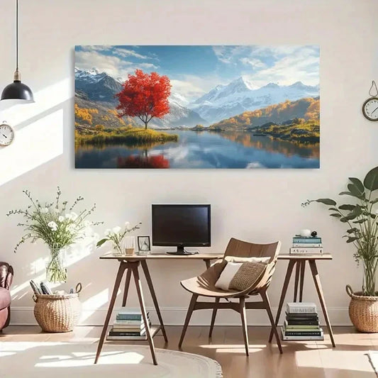 Red Tree Autumn Scenery Perfect Wall Art Canvas Office Home Room Framed 120x60cm