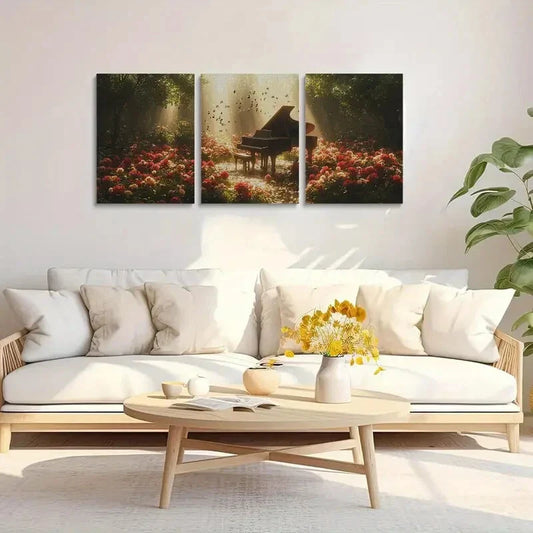 3pcs Grand Piano Surrounded by Blooming Metal Print Ready to Hang Art