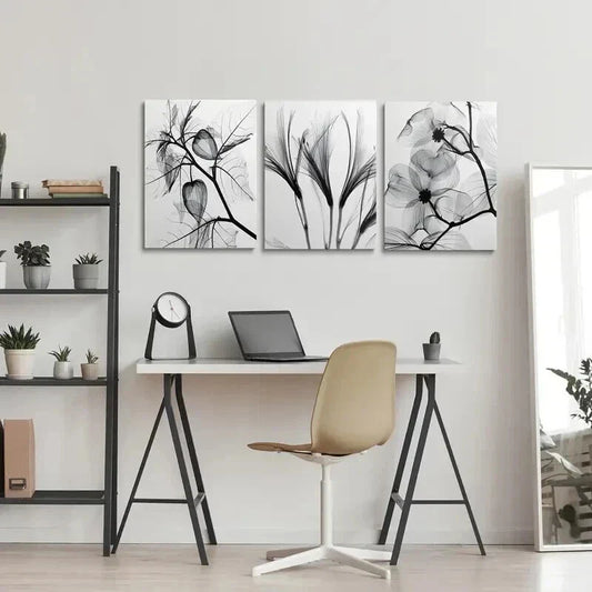 3pcs Black and White Botanical Floral and Leaf Wall Art Set Canvas Framed 40x60cm - High Quality Print 100% Australian Made Wall Canvas Ready to Hang