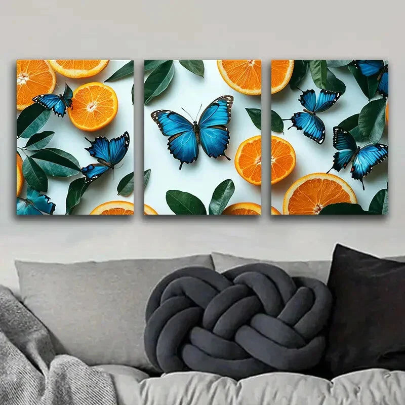 3pcs Blue Butterflies & Orange Tree Perfect Wall Wall Art Set Canvas Framed 40x60cm - High Quality Print 100% Australian Made Wall Canvas Ready to Hang