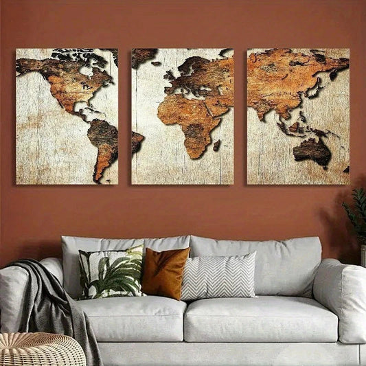 3pcs Abstract World Map Brown Metal Print Ready to Hang Art