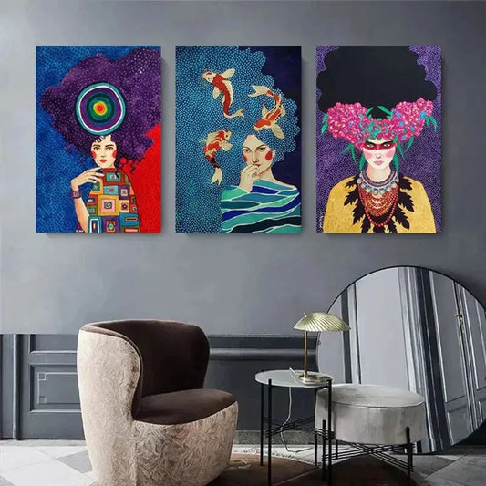 3pcs Colorful Women with Koi Fish, Flowers Metal Print Ready to Hang Art