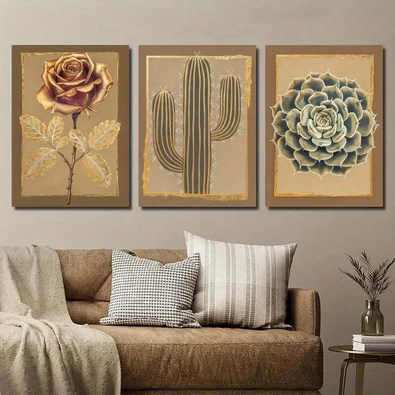3pcs Golden Roses Cactus And Succulents Wall Art Set Canvas Framed 40x60cm - High Quality Print 100% Australian Made Wall Canvas Ready to Hang