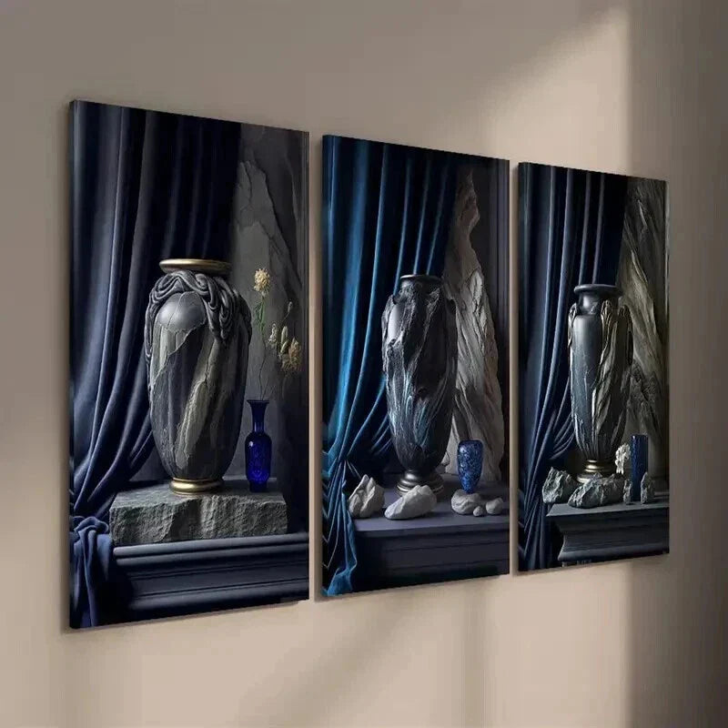 3pcs Tone Vase Art Blue Vase Plant Wall Art Set Canvas Framed 40x60cm - High Quality Print 100% Australian Made Wall Canvas Ready to Hang