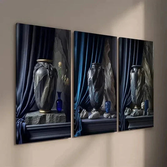 3pcs Tone Vase Art Blue Vase Plant Wall Art Set Canvas Framed 40x60cm - High Quality Print 100% Australian Made Wall Canvas Ready to Hang