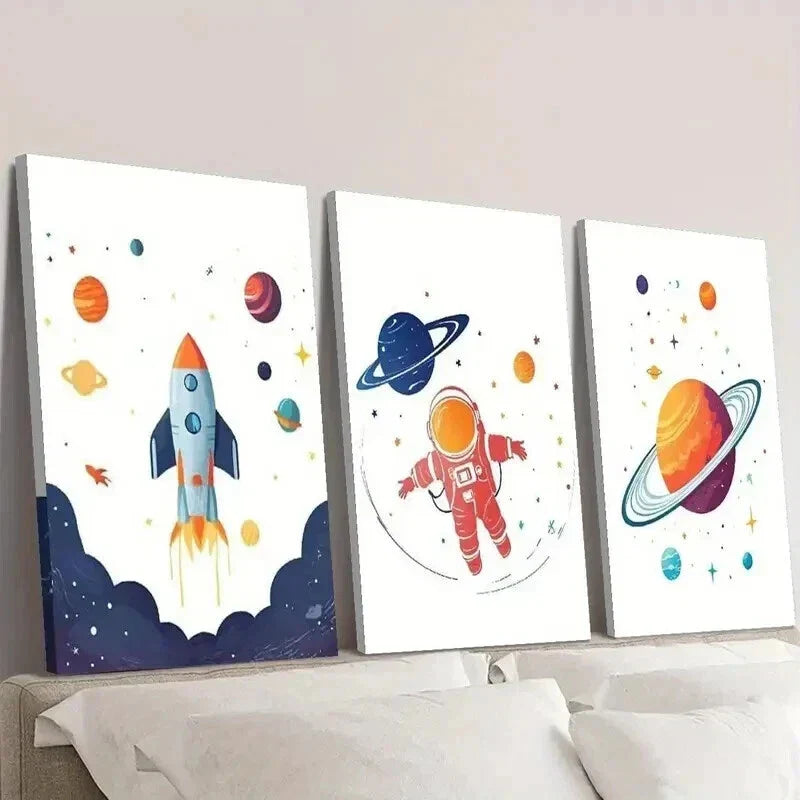 3pcs Astronaut With Rocket Floating in Space Wall Art Set Canvas Framed 40x60cm - High Quality Print 100% Australian Made Wall Canvas Ready to Hang