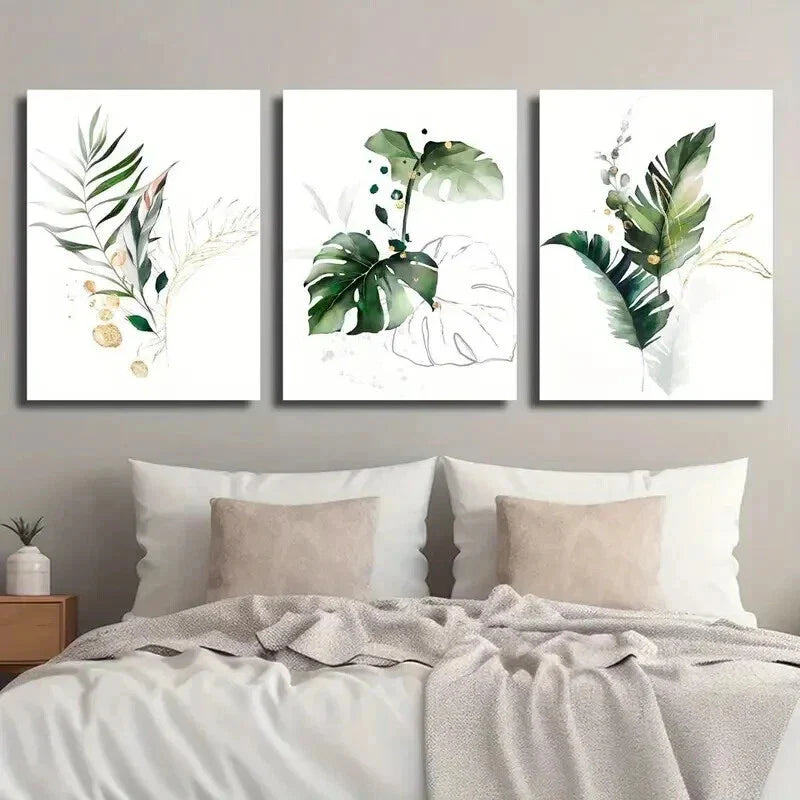 3pcs Green And Golden Fern Palm Tree Wall Art Set Canvas Framed 40x60cm - High Quality Print 100% Australian Made Wall Canvas Ready to Hang