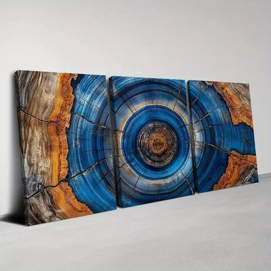 3pcs Vintage Tree Blue & Brown Rings Wall Art Set Canvas Framed 40x60cm - High Quality Print 100% Australian Made Wall Canvas Ready to Hang