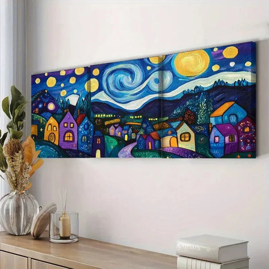 3pcs Starry Night Village Dark Moonlight Perfect Wall Art Set Canvas Framed 40x60cm - High Quality Print 100% Australian Made Wall Canvas Ready to Hang
