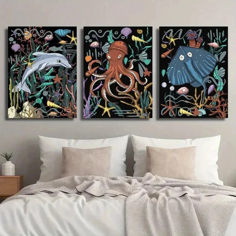 3pcs Dolphin Octopus Stingray Underwater Wall Art Set Canvas Framed 40x60cm - High Quality Print 100% Australian Made Wall Canvas Ready to Hang