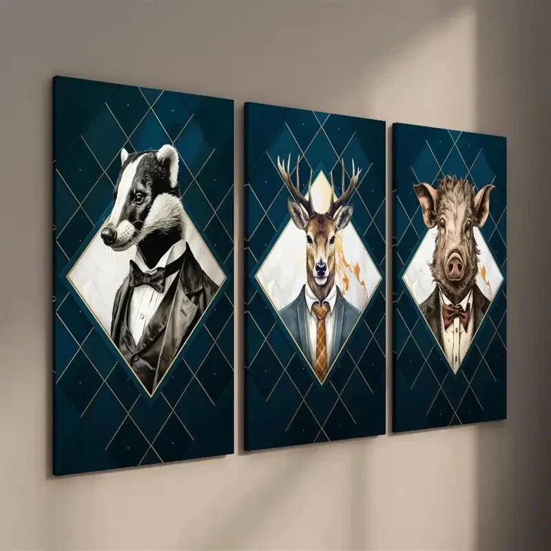 3pcs Badger Deer and Pig in Suits Wall Art Set Canvas Framed 40x60cm - High Quality Print 100% Australian Made Wall Canvas Ready to Hang